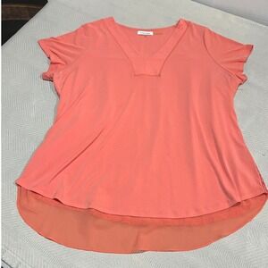 Calvin Klein Coral Apricot Lace Crochet Short Sleeve V-neck Blouse Womens XL Top